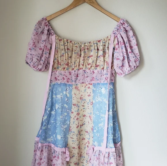 Floral Chiffon Multi-Color Square Neck Puff Sleeve Maxi Dress - Picture 4 of 16